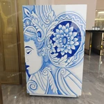 Artistic Blue-and-White Sideboard with Sculptural Layered Panels, Figurative Illustrations and Curved End Profile